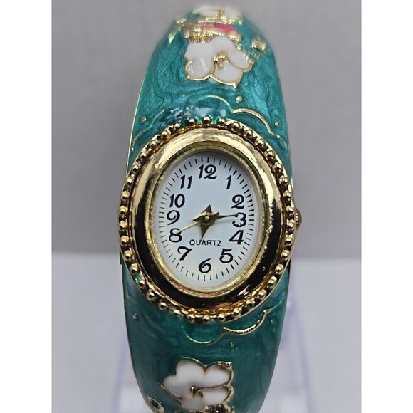 Floral Cloisonne Style Hinged Bangle Watch Green Enamel Gold Tone New Battery - Picture 4 of 12